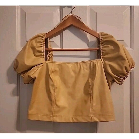 7 For all Mankind Womens Crop Top Puffy Sleeves Small Pale-Yellow Vegan Leather - Picture 8 of 8